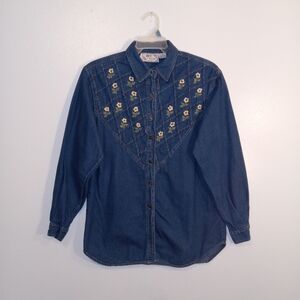 Embroidered Floral Denim Button Down Shirt